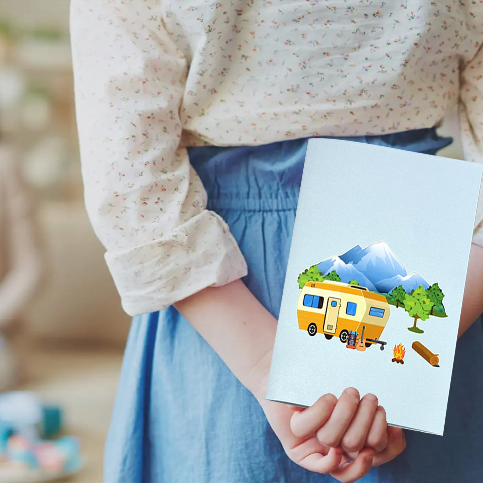 Koboko Kartka pop-up z przyczepą kempingową, kartka urodzinowa 3D, bon podróżny na kemping, prezent na kemping, zabawny prezent na kemping dla kobiet i mężczyzn