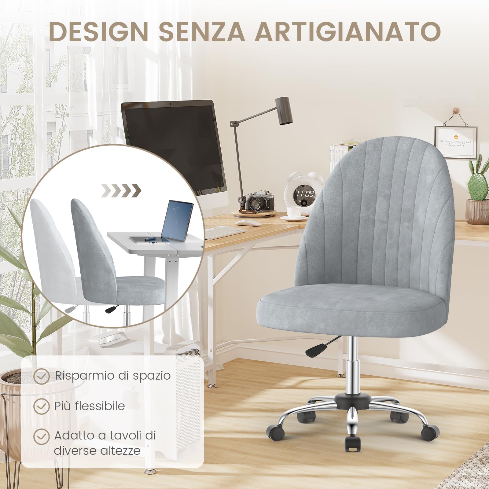 naspaluro Sedia da Ufficio Sedia Vanity, Sedia da Camera in Velluto, Sedie da Camera Senza Braccioli Con Ruote, Poltrona Scrivania per Casa,Sedie Morbida Regolabile in Altezza,per Camere Letto,Grigio