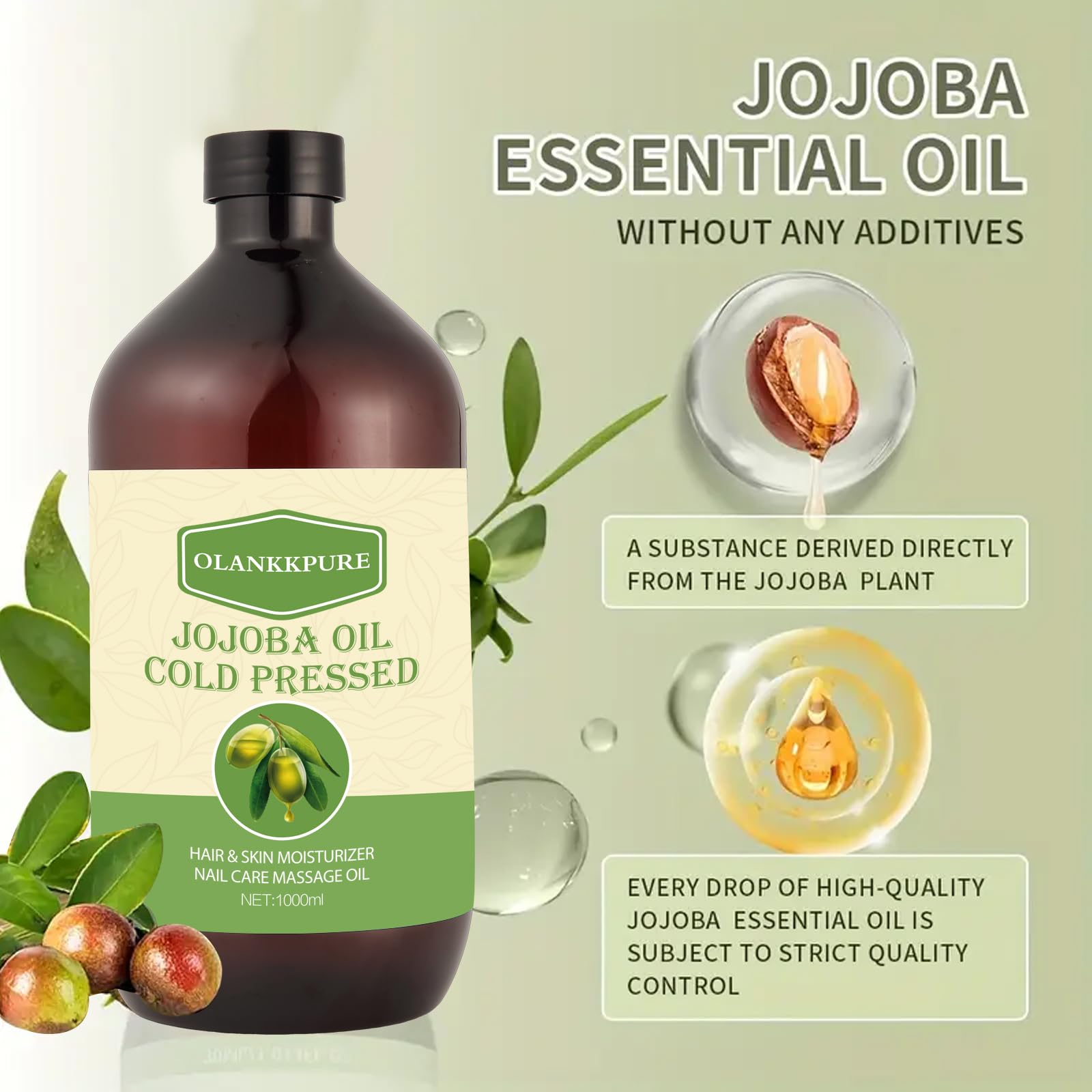 Aceite Portador de Jojoba 100% Puro, sin Refinar, sin Hexano, Prensado en Frío para Piel, Cara, Cabello, Uñas y Masajes, 1000 ml