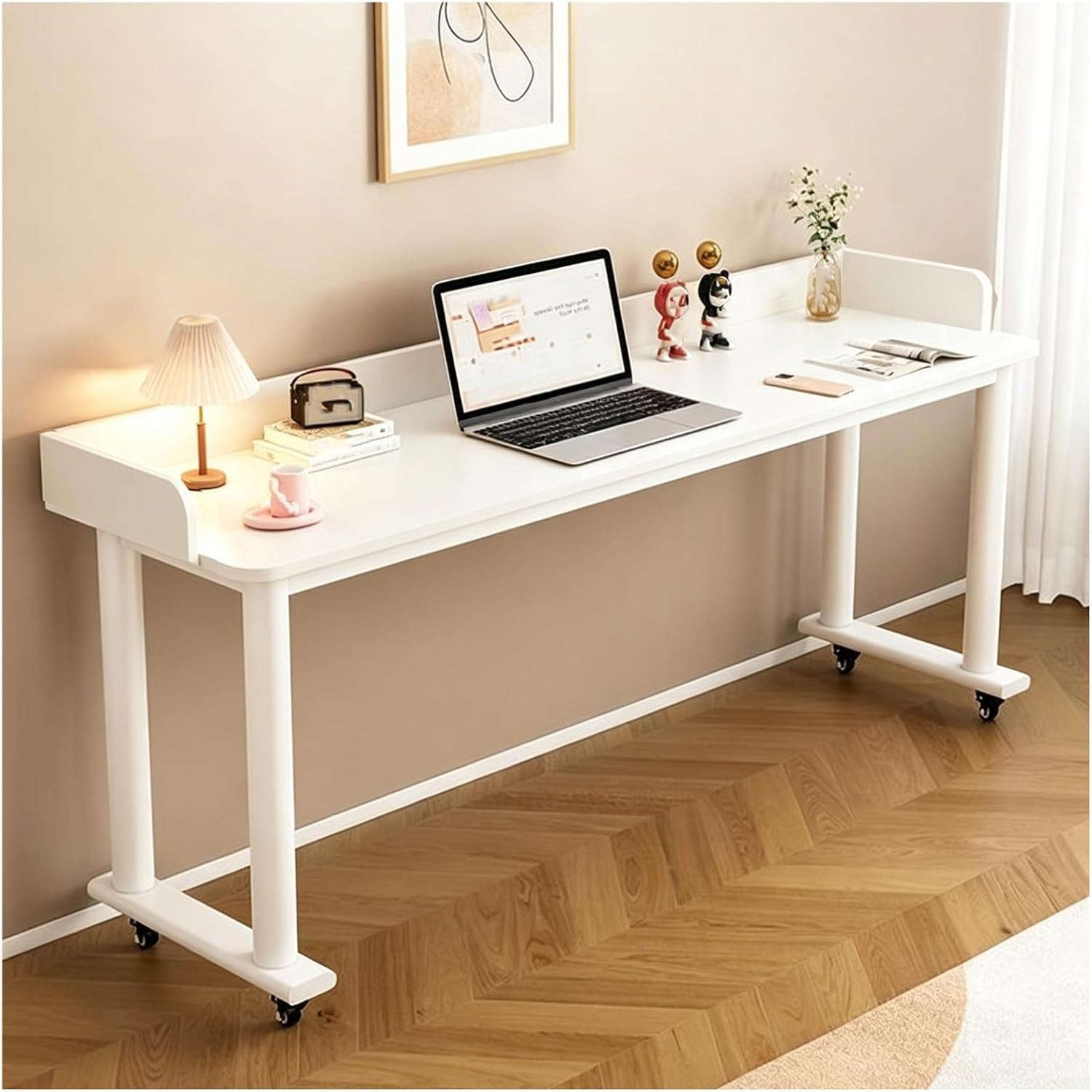 Overbed Table with Wheels Solid Wood Bed Table On Wheels for Elderly Sofa Tables，Portable Desk with Baffles Small Desk for Bedroom，Reading Tables(White,120x40x80cm)