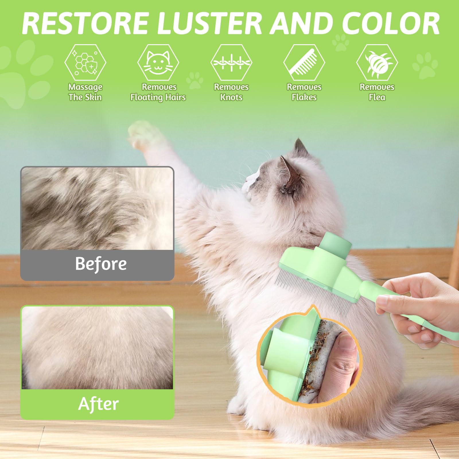 Pet Hair Removal Comb Flea Comb, 2 PCS Cat Brush with Release Button - Image 2