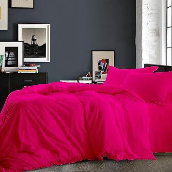 5 PCs Ruffle Duvet Cover Set-600 TC-100% Washed Cotton-Farmhouse Cute Shabby Bedding Comforter Cover with Zipper & Corner Ties-Cal King/King Size | Hot Pink Color Duvet Cover with 4 Pillow Shams