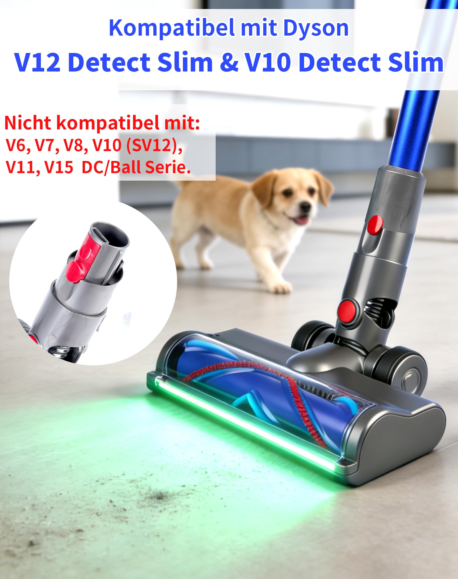 Bürste für Dyson V12 Detect Slim & V10 Digital Slim, Anti-Tangle Bodenbürste mit grünem LED-Licht, Ersatzteil Direktantrieb Reiniger Kopf Turbine Bodendüse für Hartboden & Teppich