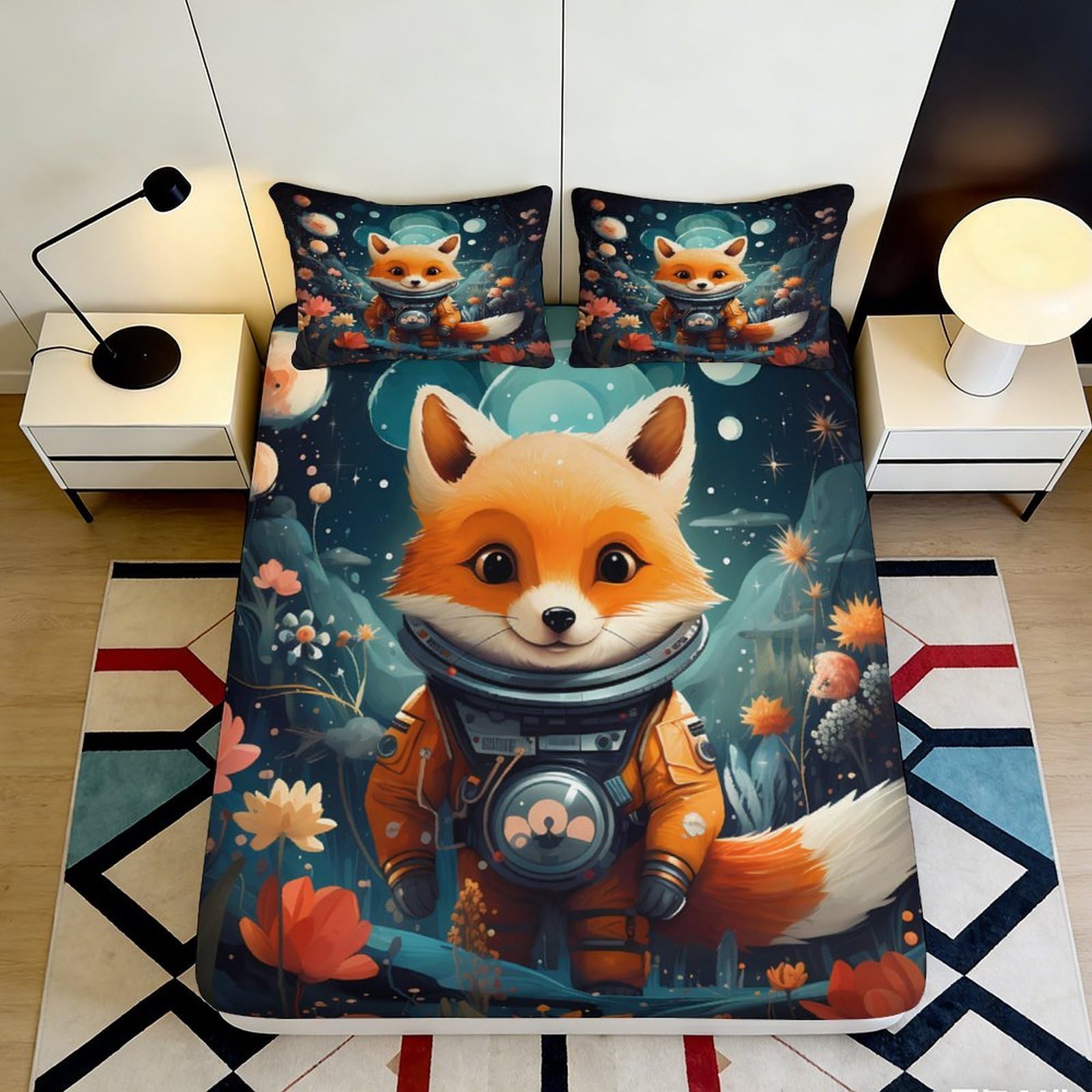 Pnayamiorkfel Style-2 3D Printed Fox Astronaut Fitted Sheet Microfiber Soft Non-Slip Space Adventure Bed Cover For Bedroom Guest Room Decor 90X200x25cm