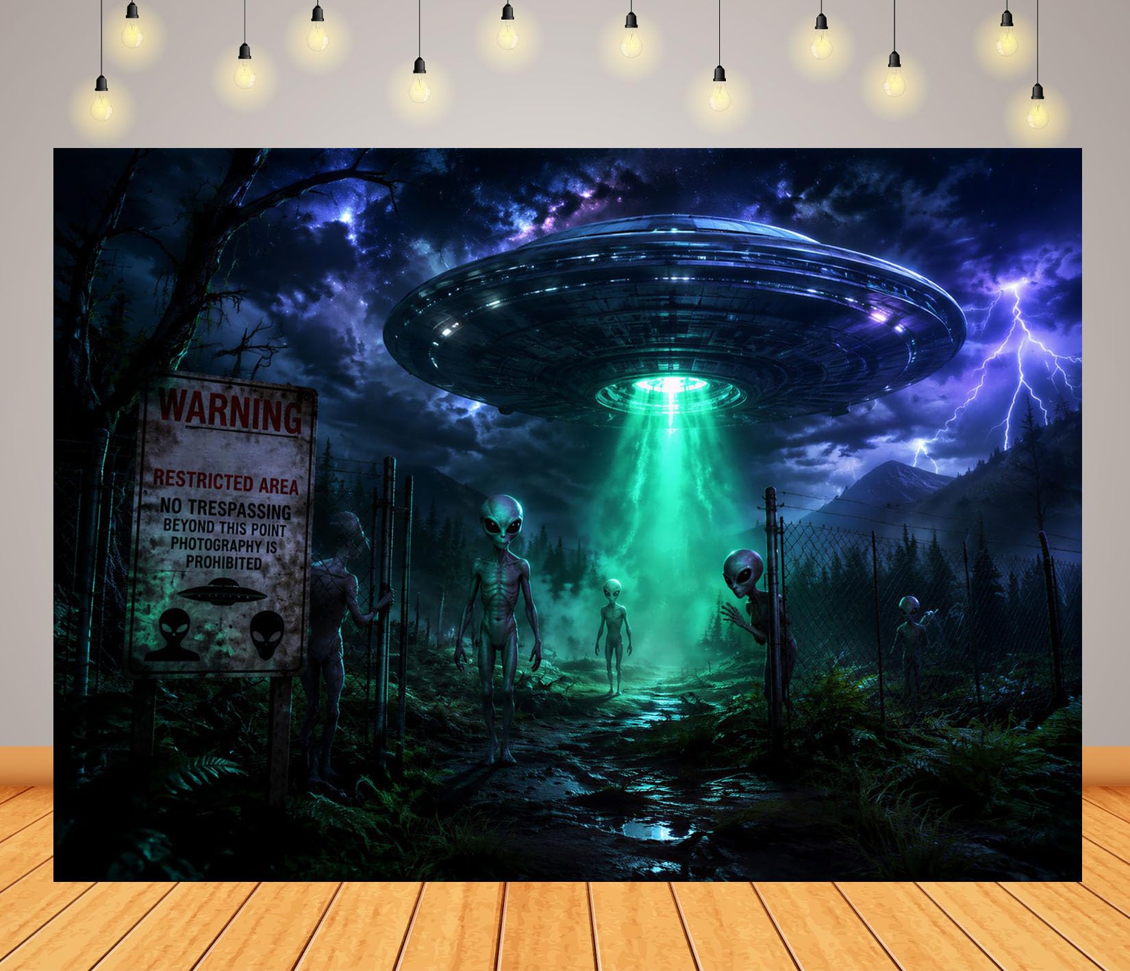 10x10FT Stoff Alien Landung Wald mit Blitzen Foto Hintergrund
