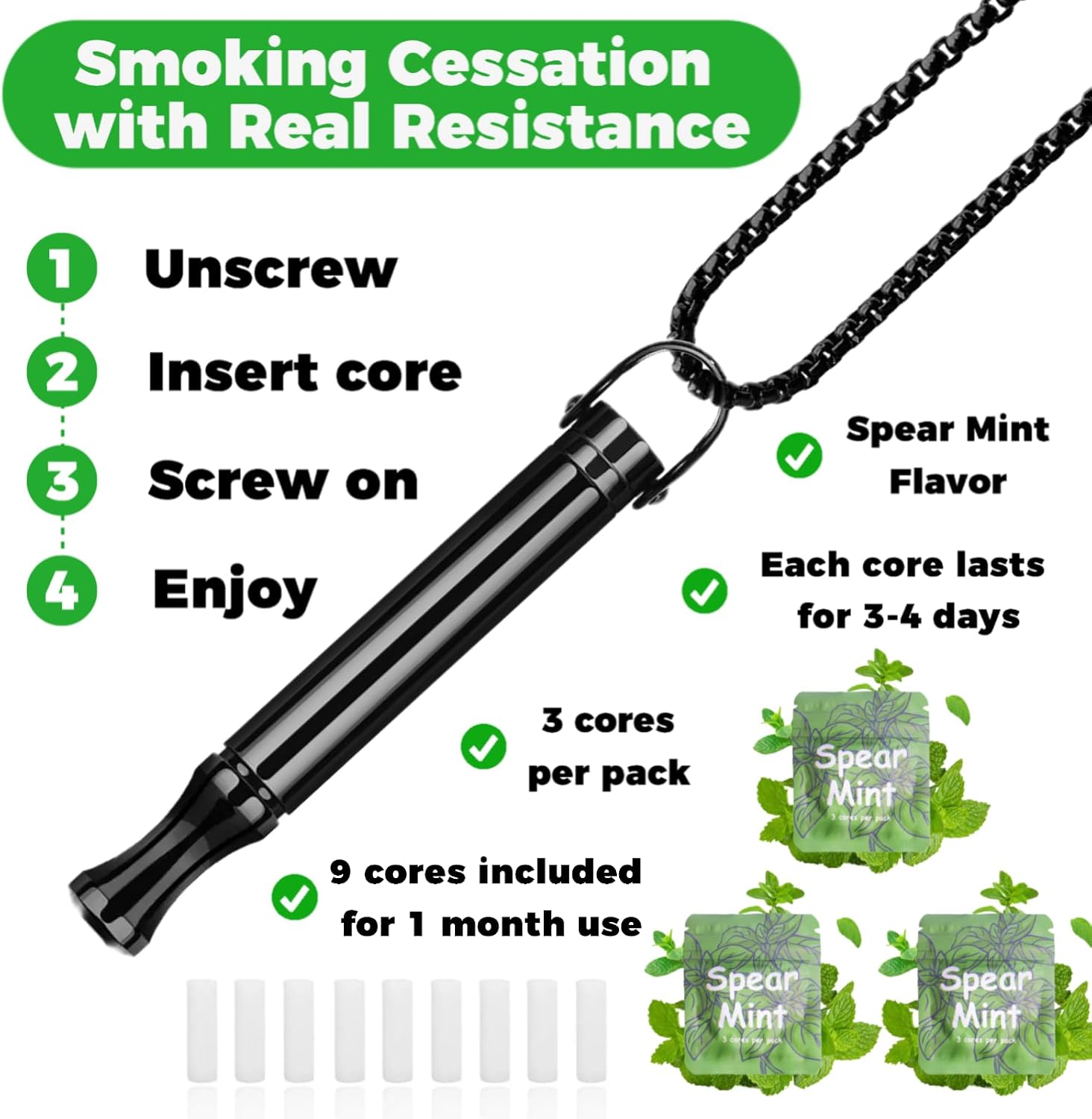 304 Stainless Steel Breathing Necklace to Replace Bad Habit with 9pcs Mint Cores, Adjustable Air Flow Necklace for Stress Relief with Leak-Proof Design, Habit Support Necklace for Adults (Black)