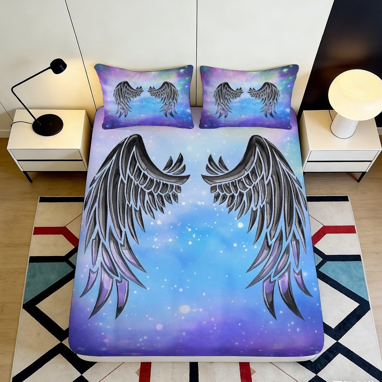 3D Printed Angel Wings Fitted Sheet Microfiber Deep Pocket Non-Slip Angel Wings Mattress Fitted Cover Bedroom Bedding Soft Wrap 90x200x25cm