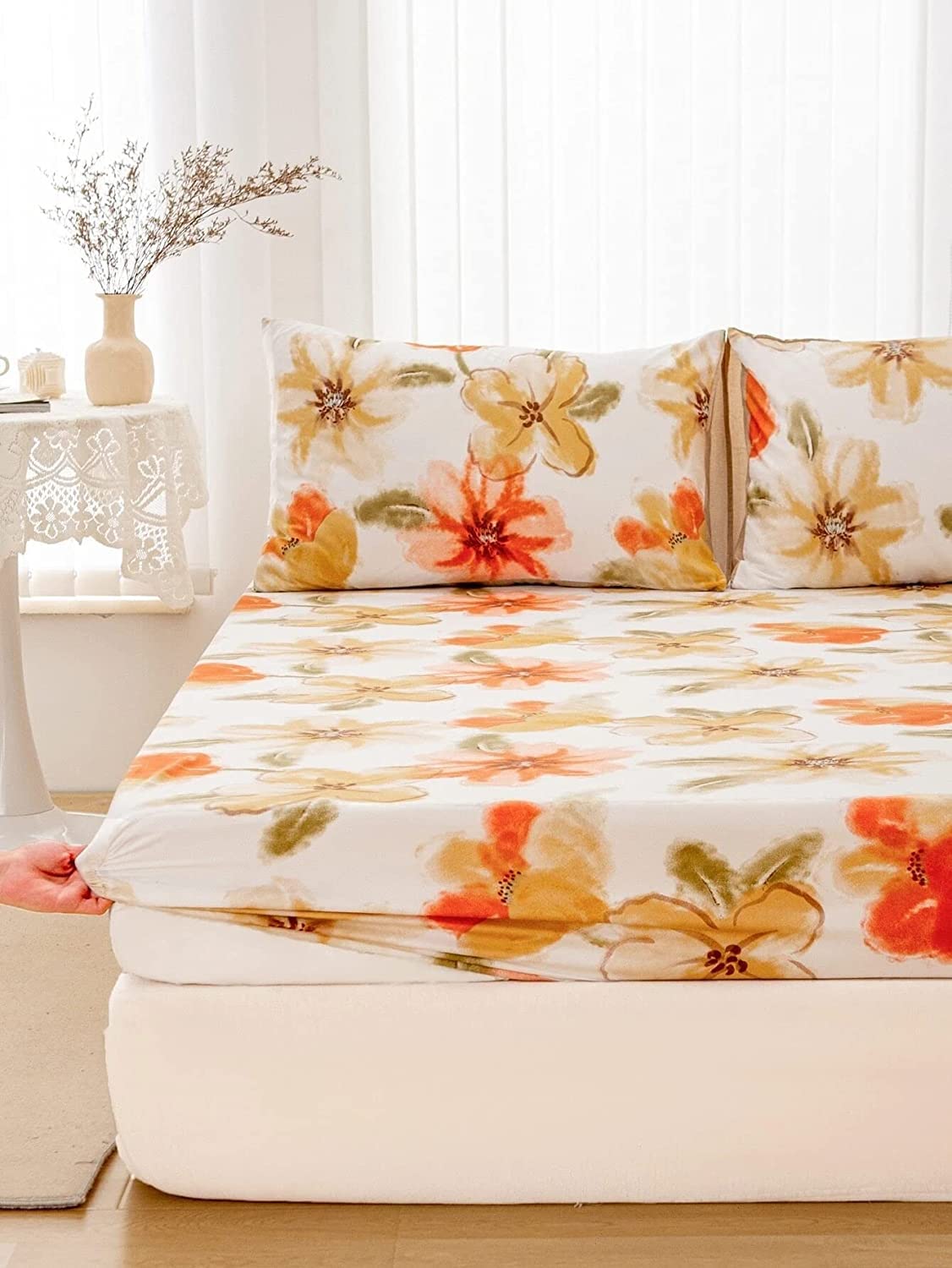 AL RAID King Size Bed Sheet Set with 4 Pillowcases, Bedding 6 Piece Set, Soft Comforter Bedding Set, Easy Care, Natural Plant Garden Pattern Printed