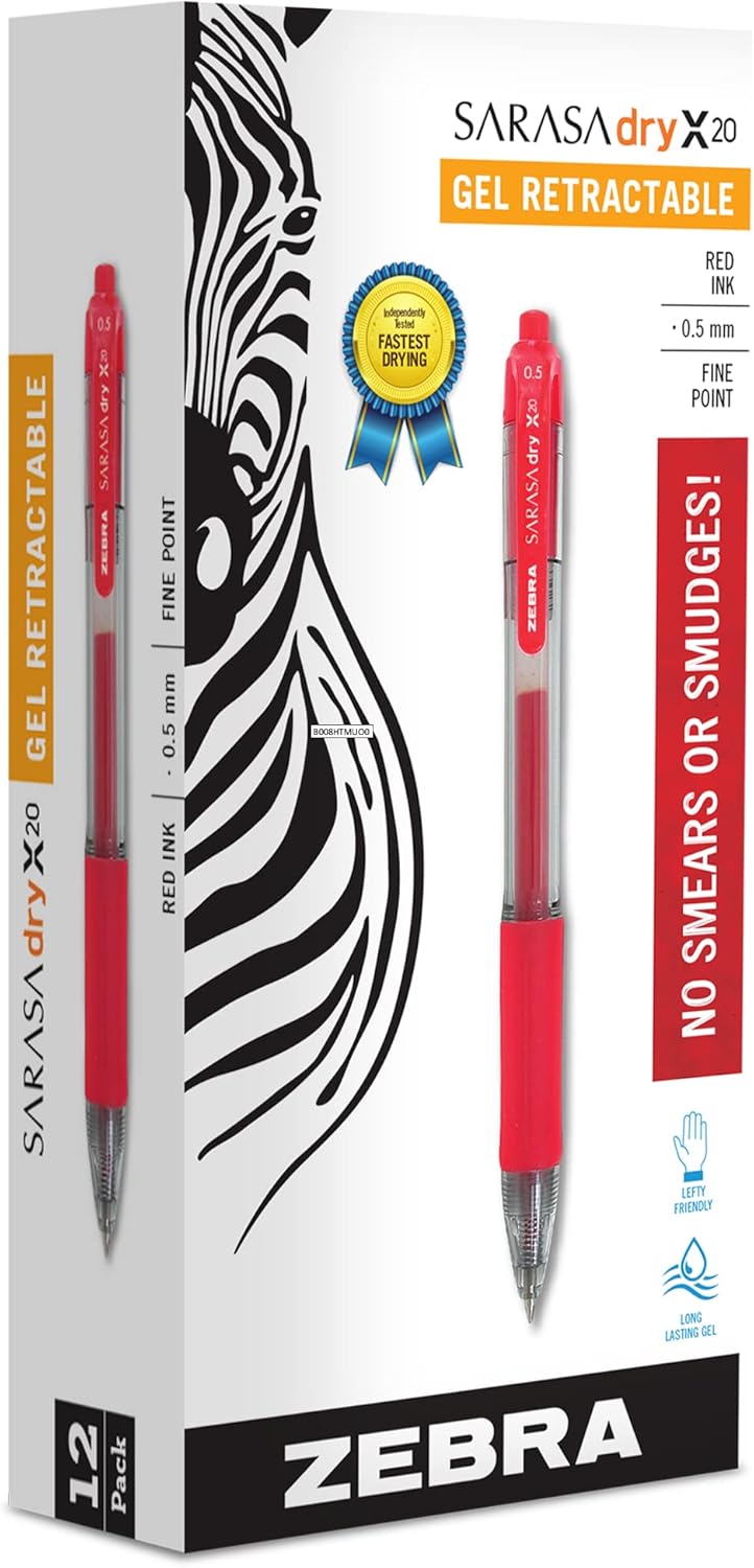 Zebra Pen Sarasa Gel Pens, Fine Point Pens For Adult Colouring, Smear-Proof & Ideal For Writing, Reliable Retractable Gel Pens For Kids & Adults, 12 Pk - Red Ink