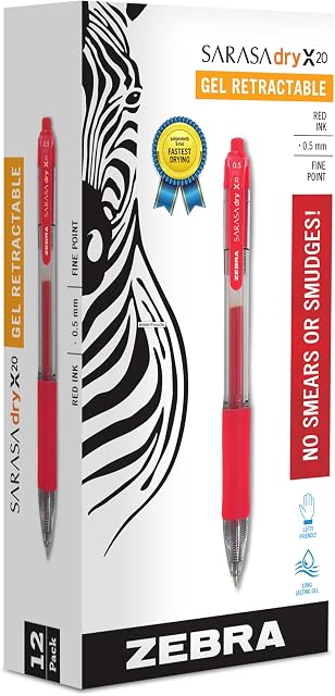 Zebra Pen Sarasa Retractable Gel Pen, Fine Point, 0.5mm, Red Ink, 12-Pack