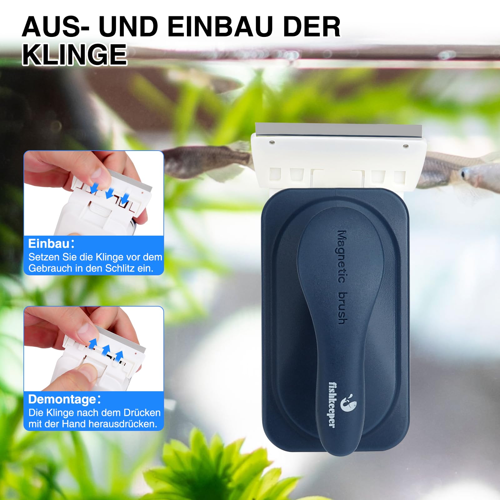 fishkeeper 2-in-1 Aquarium Reinigung Magnetbürste, Aquarium Magnet Scheibenreiniger, Ergonomischer Griff Aquarium Zubehör, Aquarium schwammbürste mit Abnehmbarem Schaber (M)