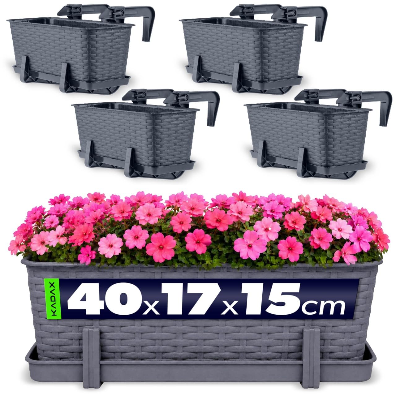 KADAX Macetas de Plástico Imitación Ratán, Maceteros Rectangulares con Platillos y Soportes para Exterior, Jardineras Colgantes (4: Grafito, 40 cm)