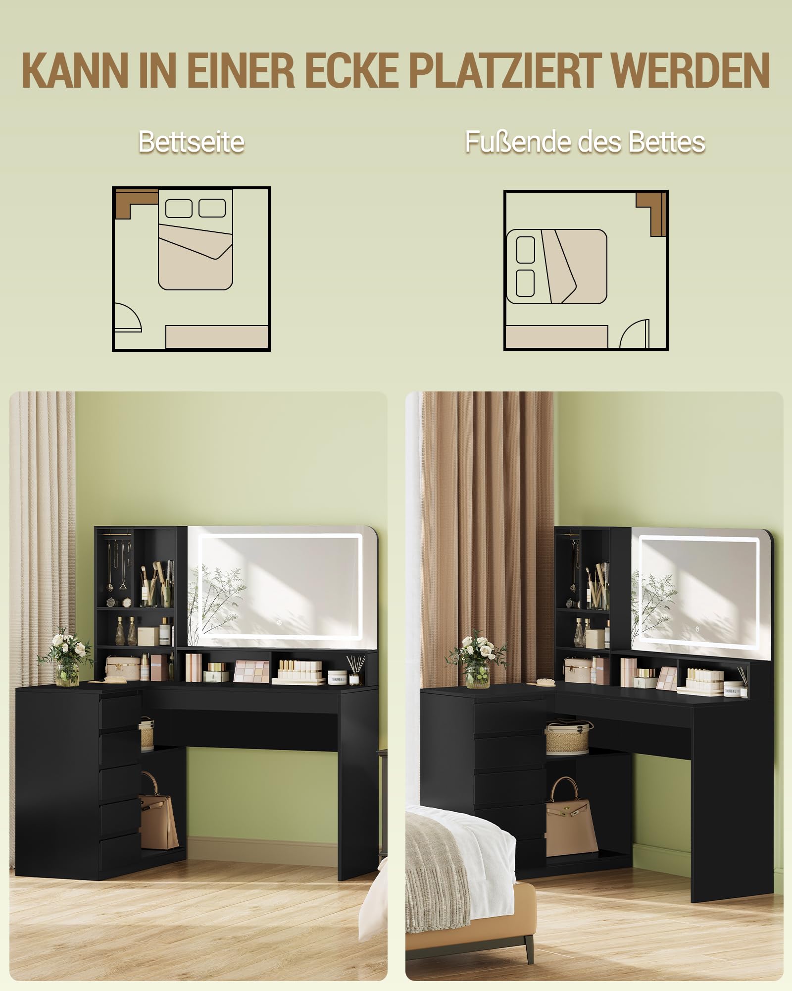 Hzuaneri Schminktisch mit Große Spiegel,Schminktisch mit LED-Beleuchtung, L-Förmiger Eck- mit 5 Schubladen und 7 Offenen Fächern, Kettenhaken, Schlafzimmer, Ankleidezimmer, Modern, Schwarz DT42506XEU