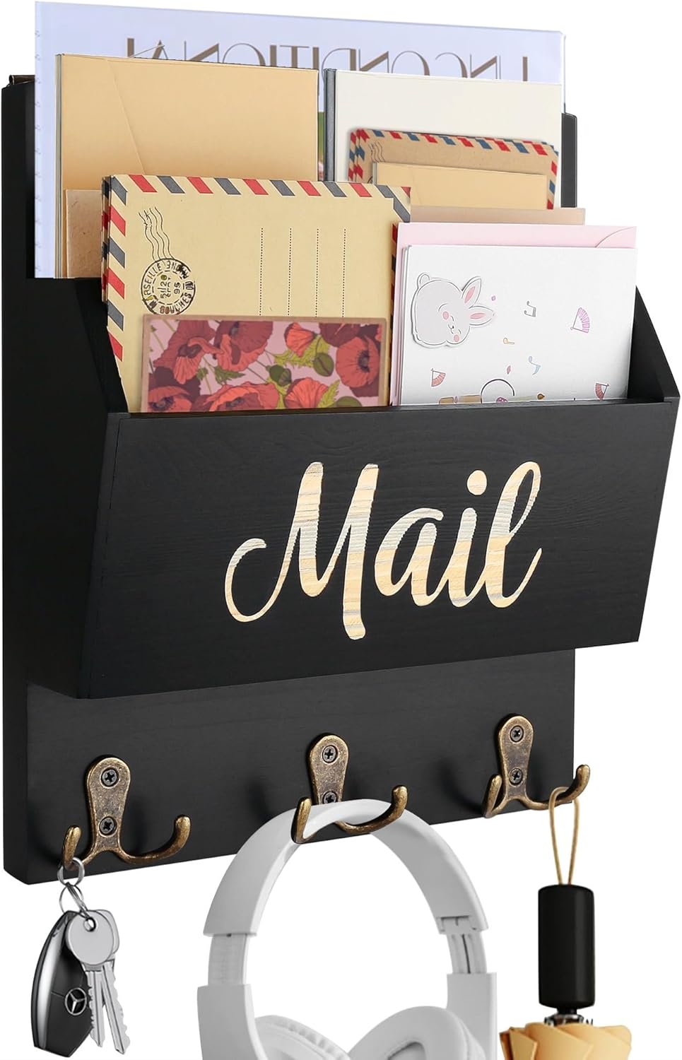 Mail Organizer Wall Mount, Wooden Mail Sorter Wall Mounted with 3 Double Hooks, Mail Letter Holder and Key Holder for Home Entryway Hallway Office Room Wall Decorative