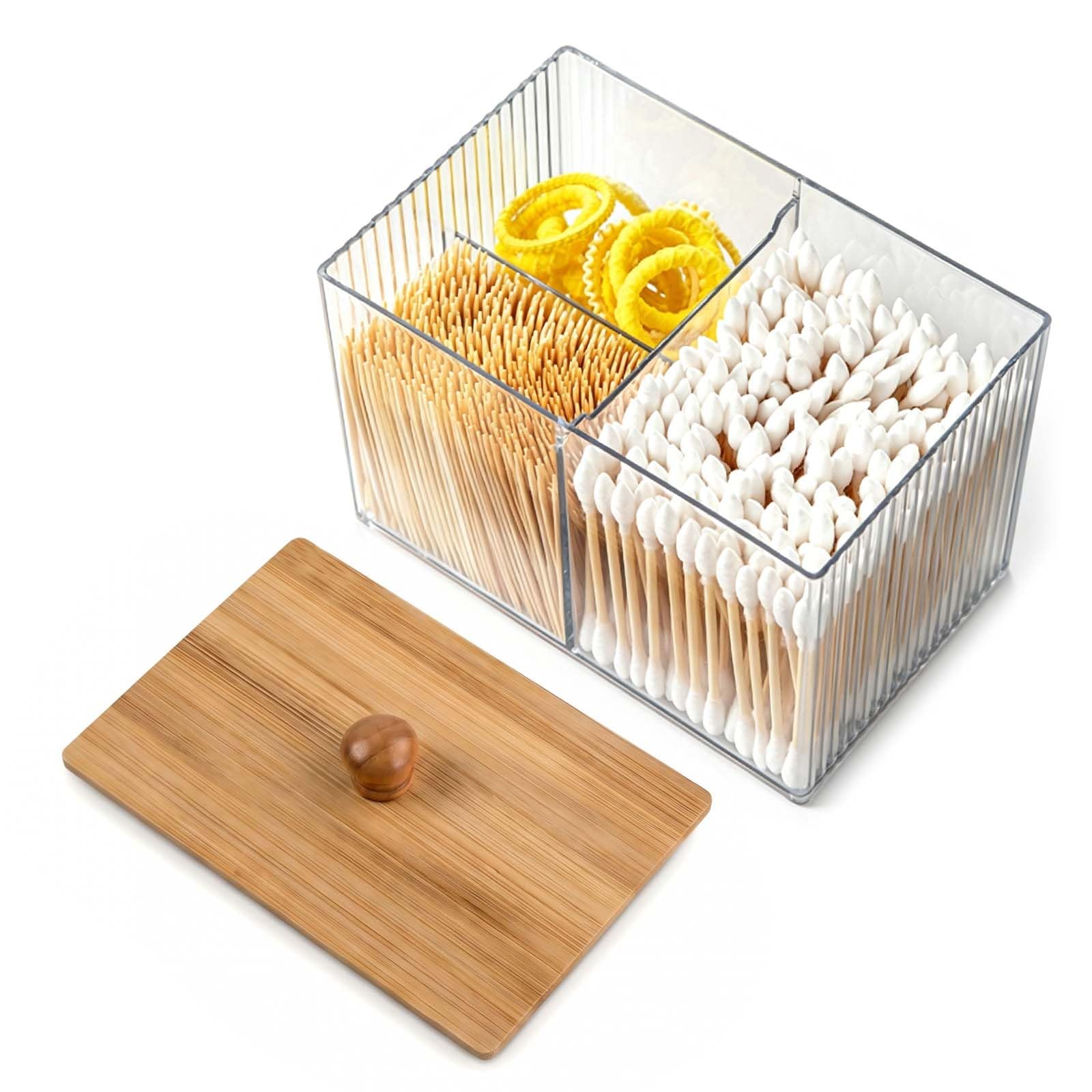 Solvio Clear Cotton Pad Holder and Cotton Bud Dispenser 3 Compartment Storage Jars with Bamboo Lid for Bathroom Dressing Table Accessories