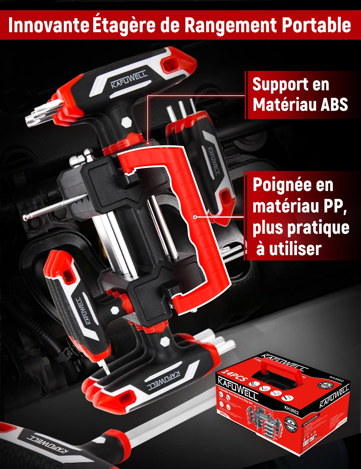 14 pièces Lot de clés Allen et Torx avec poignée en T, Hexagonales métriques H2-H10, Clés Torx TX10-TX50, pour bricolage, réparations domestiques, voiture, vélo, avec support de rangement