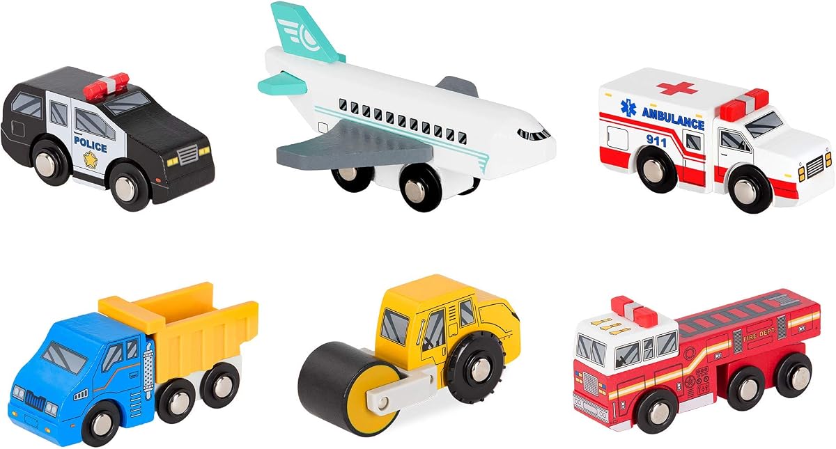 Coches de juguete de madera Battat, 6 mini vehículos de rescate y construcción, Set 2 | Juego de vehículos de madera de 6 piezas con avión, volquete, aplanadora, coche de policía, camión de bomberos y ambulancia, Set 2, 3+ años
