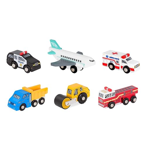 Battat Wooden Toy Cars, 6 Mini Rescue and Construction Vehicles, Set 2 | 6-piece wooden vehicle set with airplane, dump truck, steamroller, police car, fire engine, and ambulance, Set 2, 3+ Years