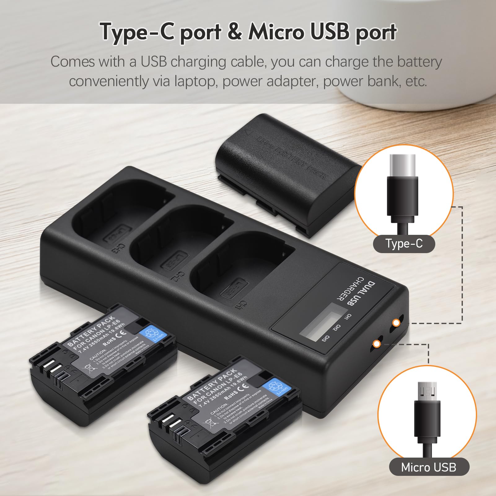 Andoer LP-E6 akumulator zamienny i zestaw ładowarki, ładowarka 3 gniazda + 3 akumulatory LP-E6 2650 mAh kompatybilne z Canon EOS 5D Mark II III IV/5DS/5DS R/6D/6D Mark II/7D Mark II/60D/70D/80D/90D