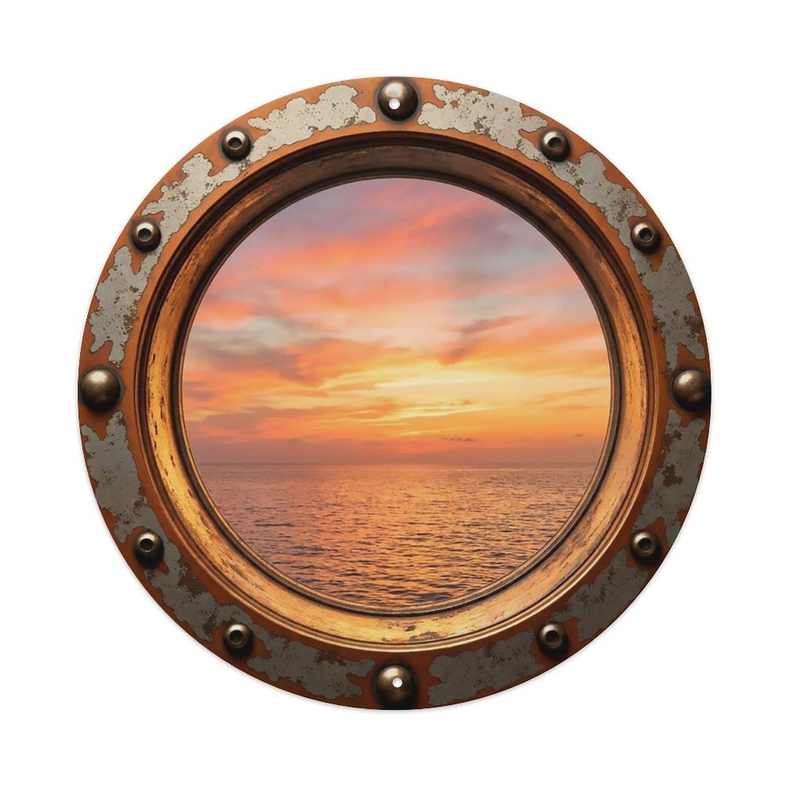 Vintage Porthole Papaya Sunset Nautical Window View Metal Tin Sign