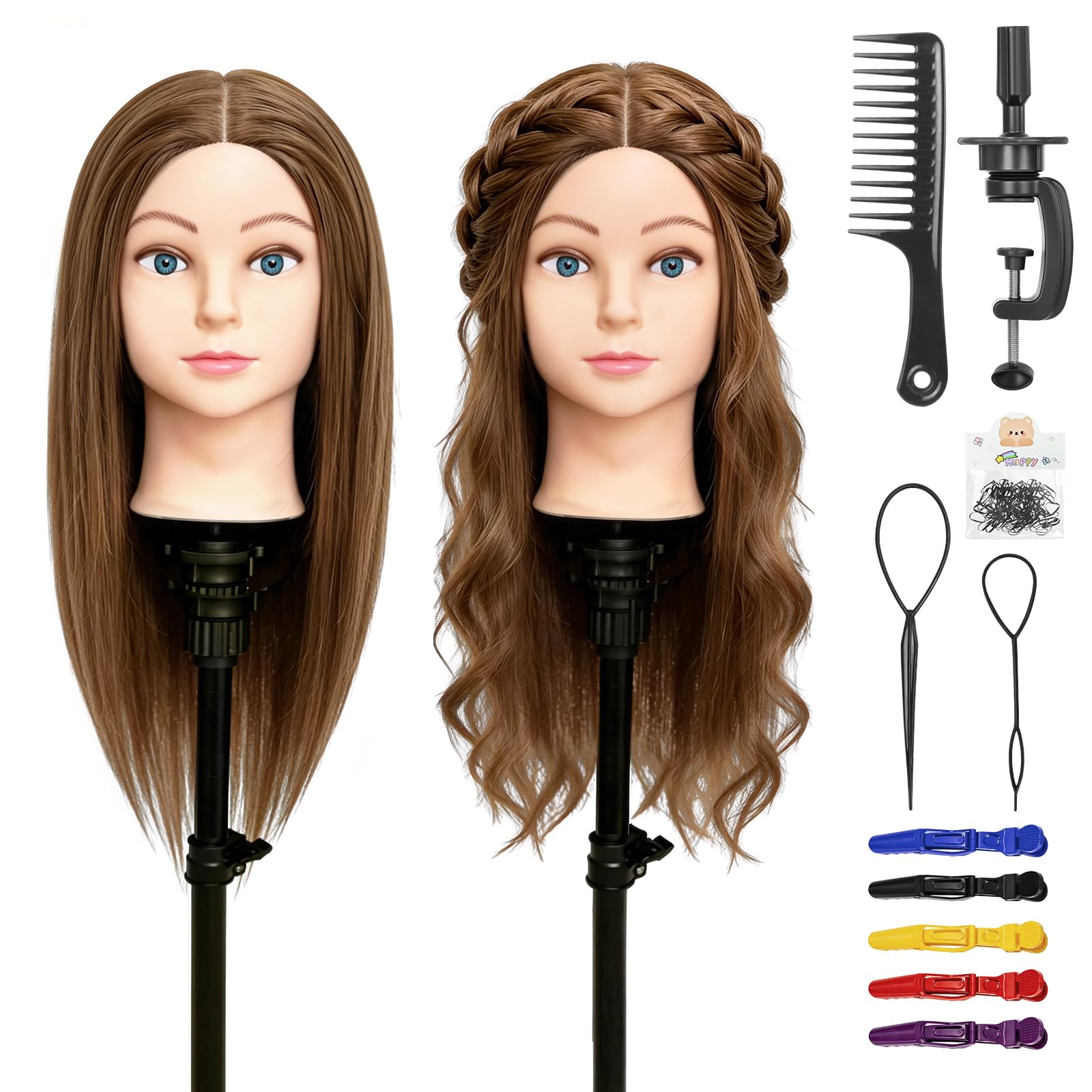 Yofuly 20Zoll/50cm Frisierkopf, 100% Echthaar Übungskopf, Frisieren Trainingsköpfe Puppenkopf Friseur Mannequinkopf mit Tischklemme + DIY-Zopfset (Braun)