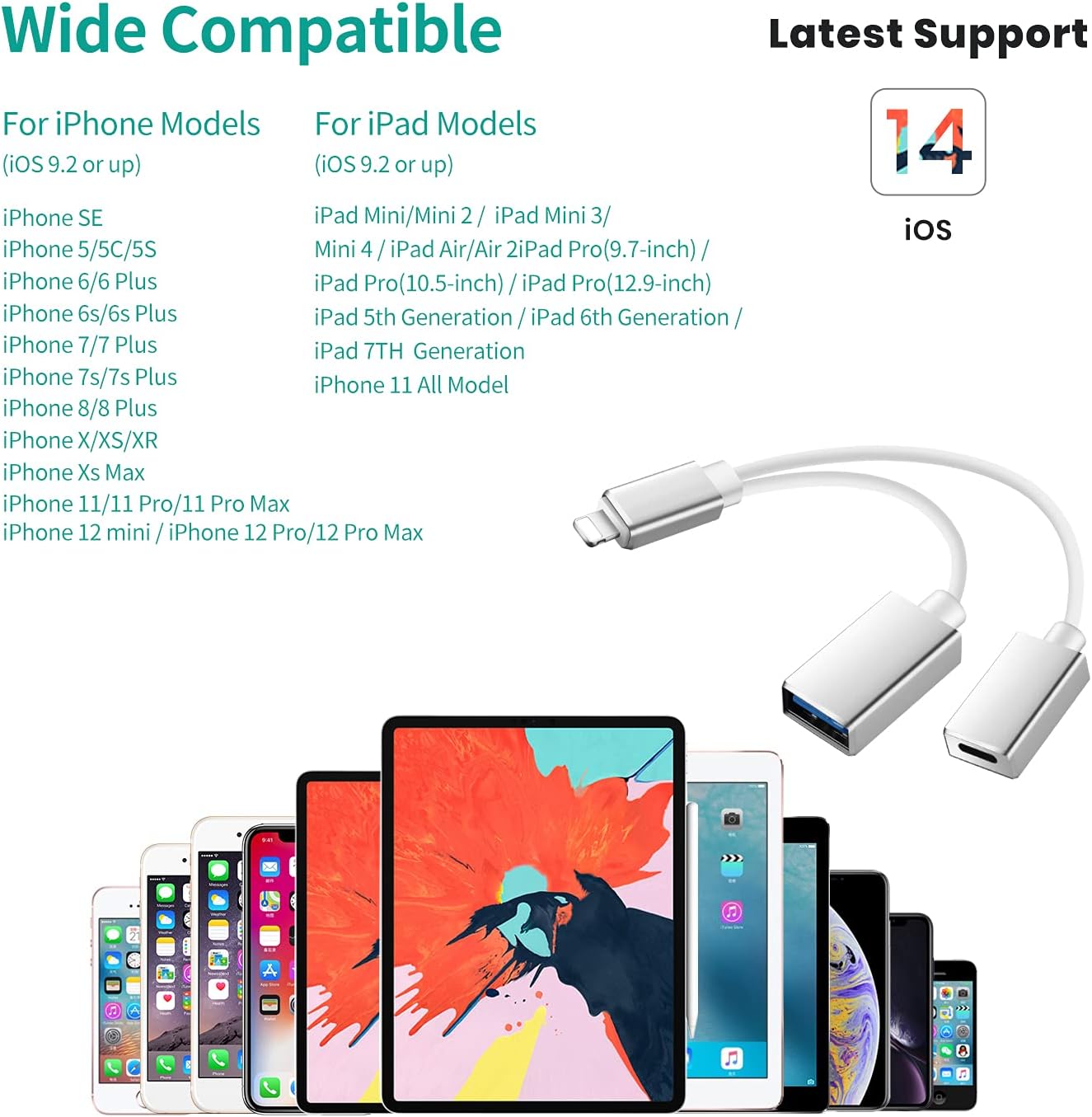 Super Cheap 🛒 iOS OTG USB Adapter, MeloAudio 2 in 1 USB Male to Female Extension USB OTG Cable with Charging Port Compatible iOS 9.2-14, USB Flash Drive Mouse MIDI Keyboard Piano Audio Interface, Plug and Play
