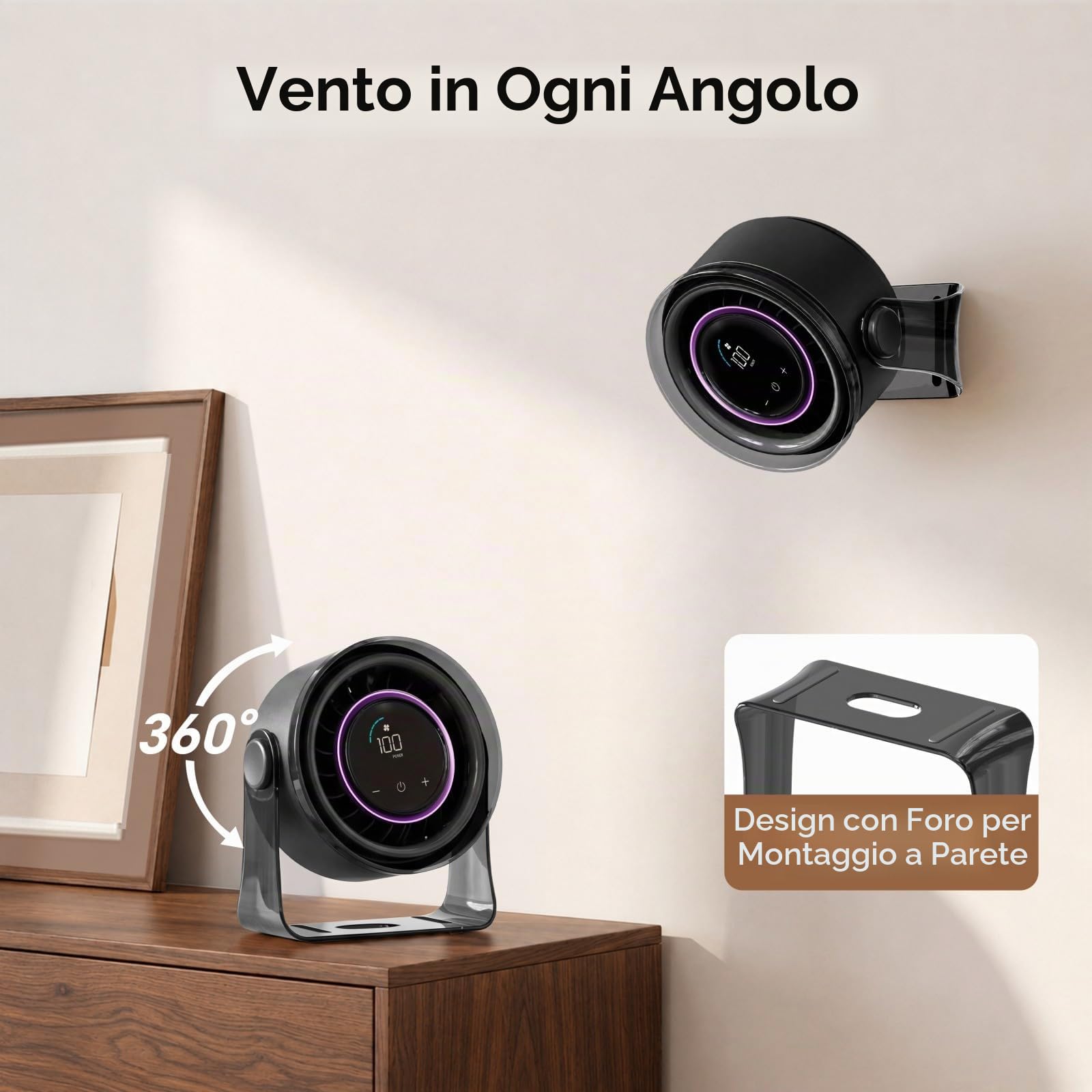 MERTTURM Ventilatore Scrivania Silenzioso con Turbo Airflow, 1-100 Velocità, Autonomia Max 11 Ore, Da Parete, Mini Ventilatore da Tavolo USB Per Ufficio/Casa/Viagg/Campeggio/Camper, Nero