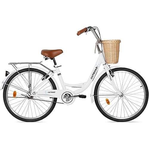 Beach Cruiser Bike for Adult, Womens Bicycle with Rattan Front Basket, 24 & 26 Inch Comfort Bikes with Adjustable Seat and Dual V-Brake (Pink & White & Green & Purple & Black)