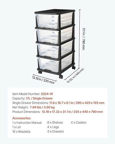 Miniatura 3 de VEVOR Carrito de almacenamiento de plástico, organizador de almacenamiento de 4 cajones con ruedas, organizador de armario rodante y separadores de