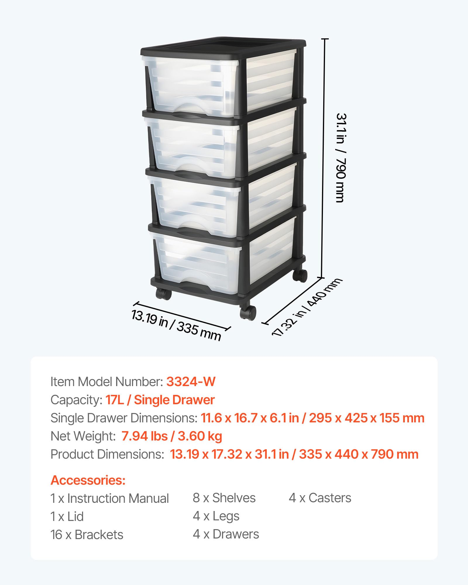 VEVOR Schubladenwagen Schubladenschrank mit 4 Schubladen (17 L/per), rollbarer Schubladen-Container Schubladenbox mit durchsichtigen Behältern für Bürobedarf Bastelräume Klassenzimmer