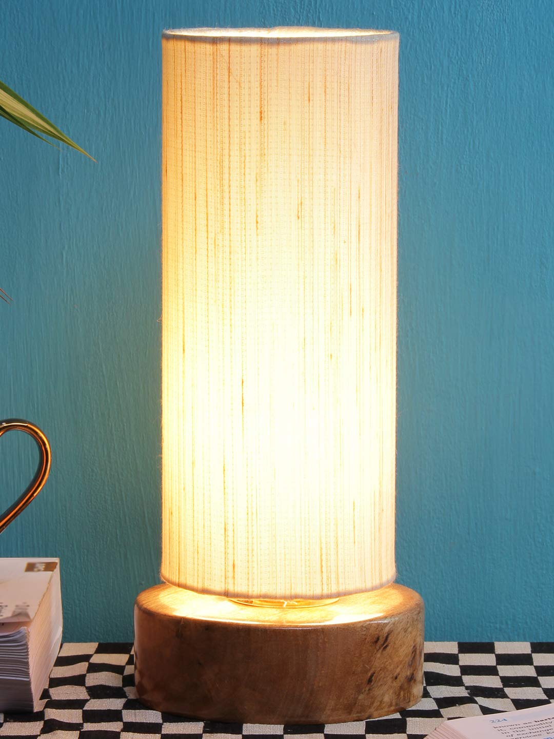 Devansh Off-White Cotton Shade with Round Wood Base-image-6