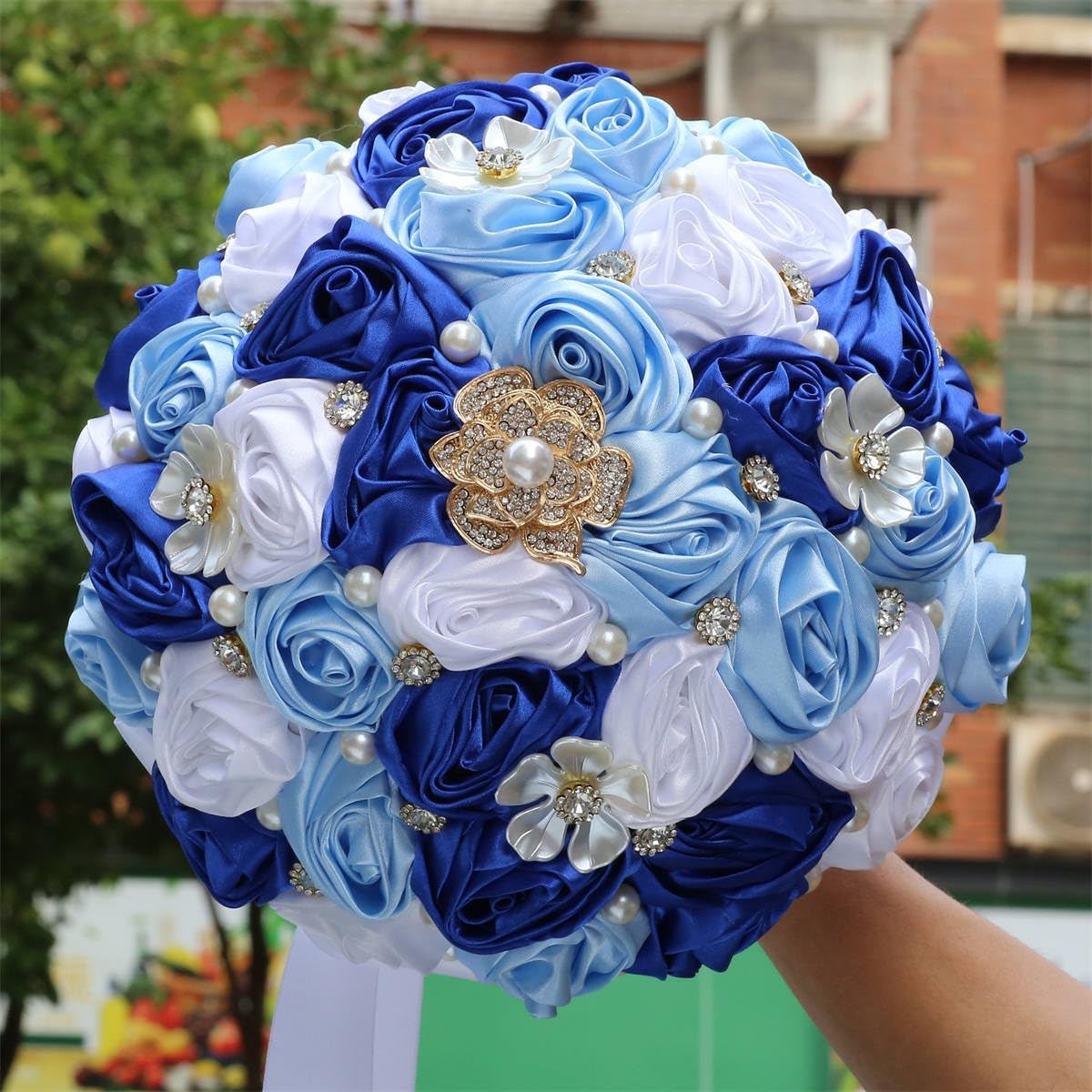 MaxxCloud 9.4‘’ Handmade Romantic Toss Bouquet for Bride Stunning Bridesmaid Brooch Wedding Bouquet with Jewelry Petals 2 Blue and White