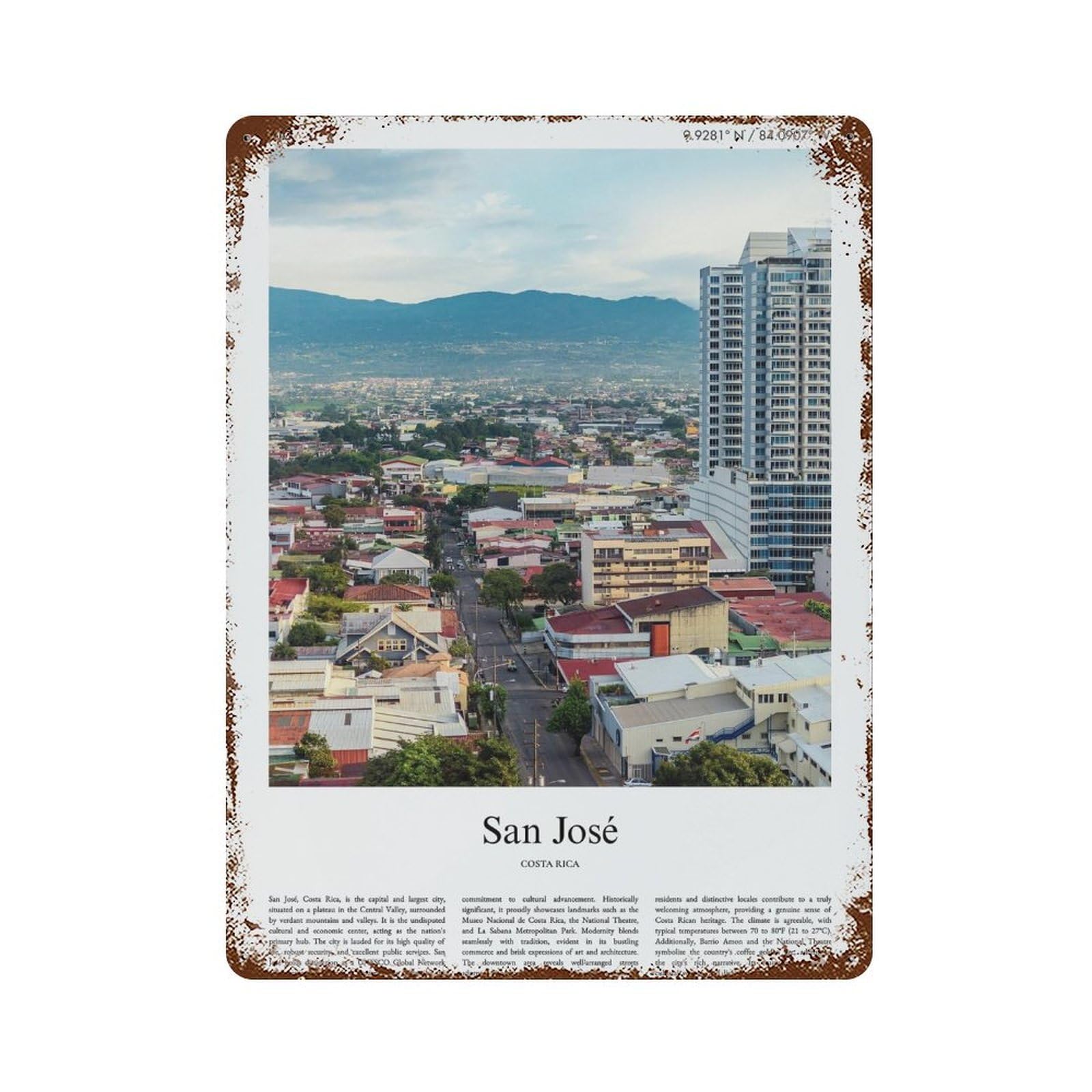 xiaoxiaoshen San José, Costa Rica City Scenery Wall Decor Art Metal Tin Poster Modern Home Decor Art Home Bar Shop Decorations Vintage Sign 40x30cm