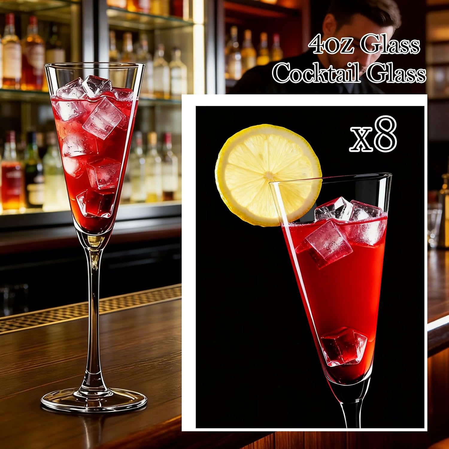 4oz Martini Glasses Set of 8, Crystal Cocktail Glasses, Long stem Sparkling Wine glasses for Party, Restaurant, Bar, Wine Toasting, Clear