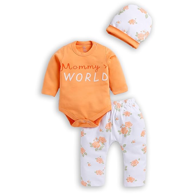 TINYO Graphic Regular Fit Bodysuit, Trouser with Cap for Baby Boys & Girls