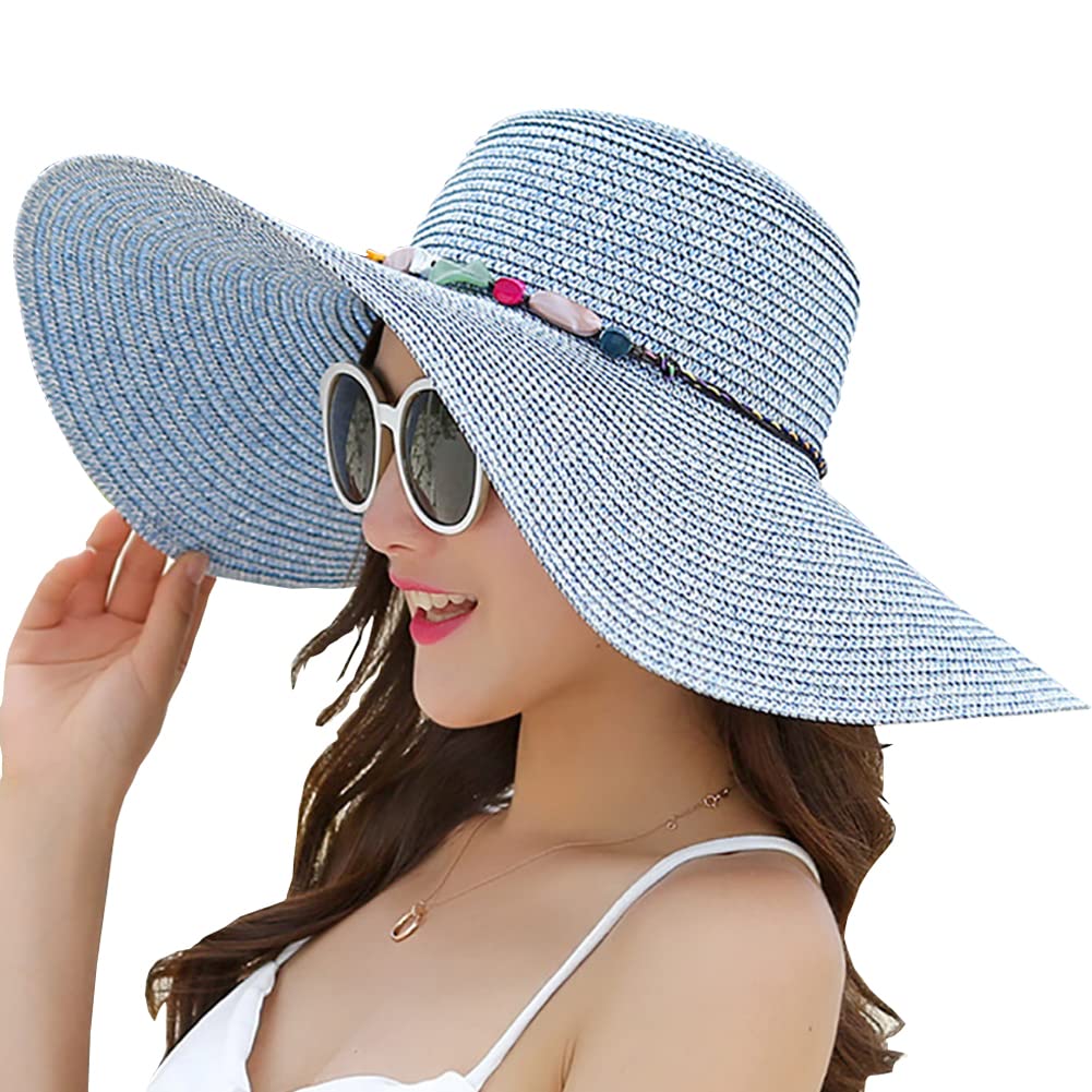Lanzom Sombrero de paja plegable de ala ancha para mujer de 14 cm, con visera ancha y protección solar UPF 50+