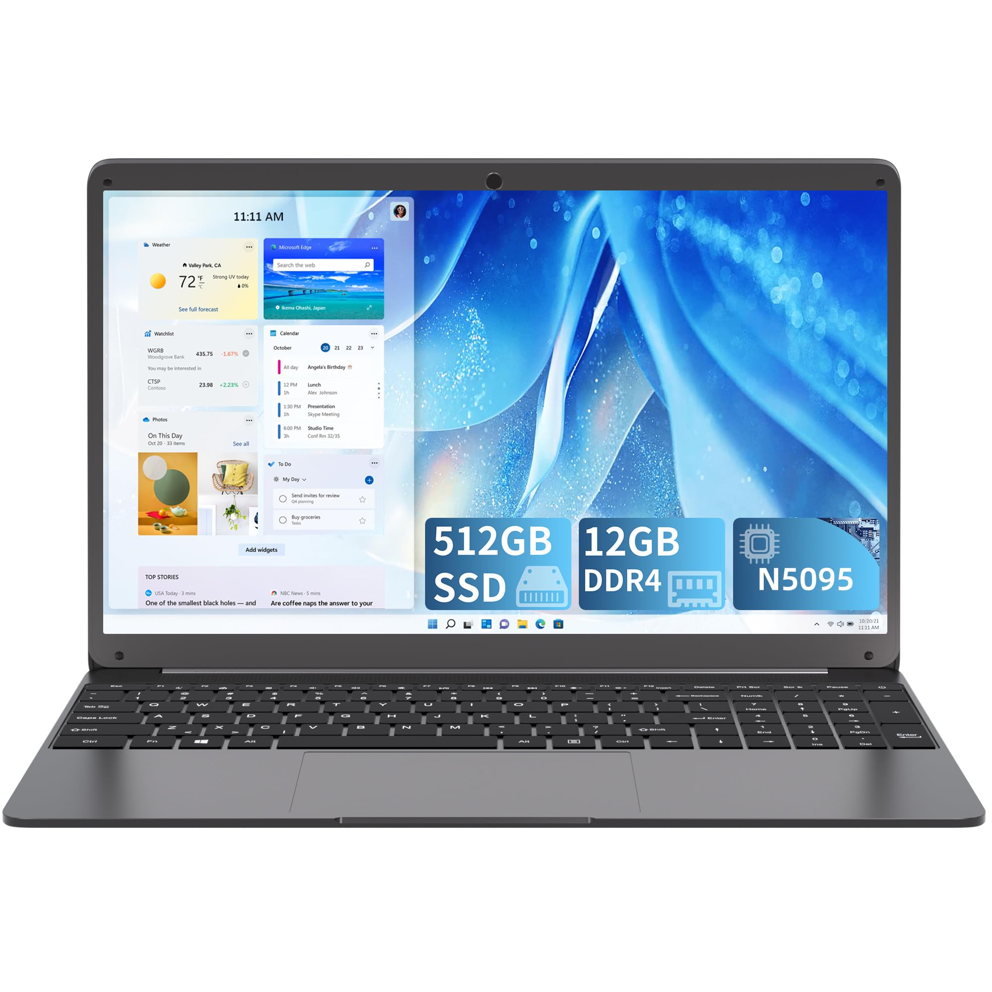 SGIN Laptop 15.6 Inch, 512GB SSD 12GB DDR4 Laptops Computer with Celeron N5095 Quad-Core Processor(up to 2.9 GHz), 2.4/5G Wi-Fi, Type-C, 1920 * 1080 IPS Screen, 2*USB3.2, BT4.2, 53200mWH Battery