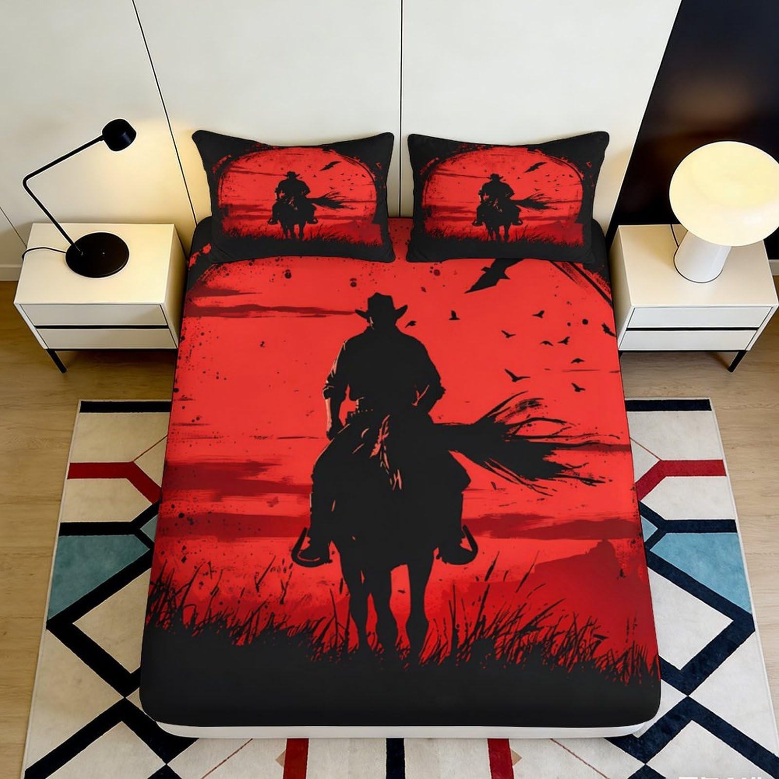 3D Printed Cowboy Sunset Fitted Sheet Microfiber Soft Red Western Horse Bed Cover for Bedroom Guestroom Mattress Protection 160x200x25cm