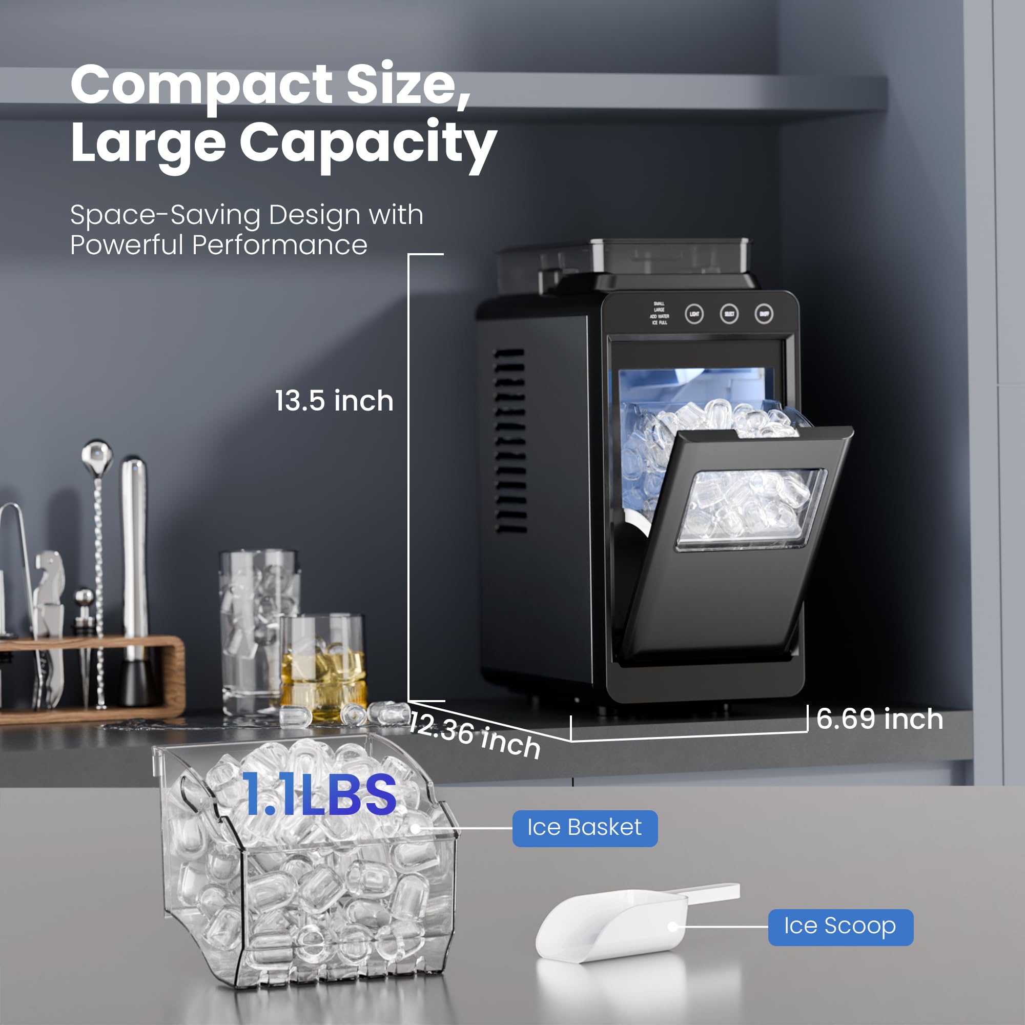 Electactic Ice Makers Countertop,26lbs/24h,8pcs In 6mins,Portable Ice Maker Machine With 1.2l Top Water Tank,Interior Lighting,2 Sizes Of Bullet Ice For Home/Office/Party(Black) on Fridge.com - View 5