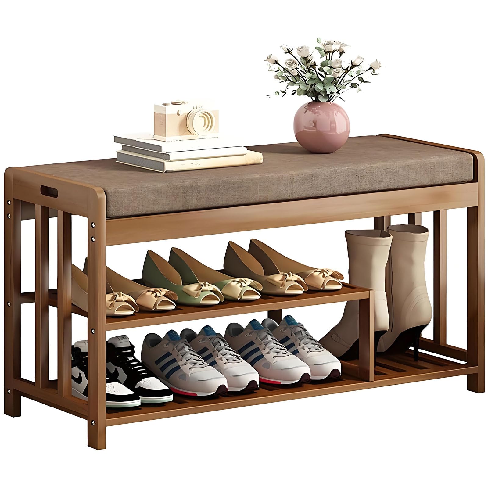Shoe Bench Rack, Bamboo Entryway Shoe Storage Bench with Padded Cushion Seat, 2 Layer Shoe Organizer, Comfy Shoe Stand for Hallway, Living Room,Mudroom,Room Decor Aesthetic