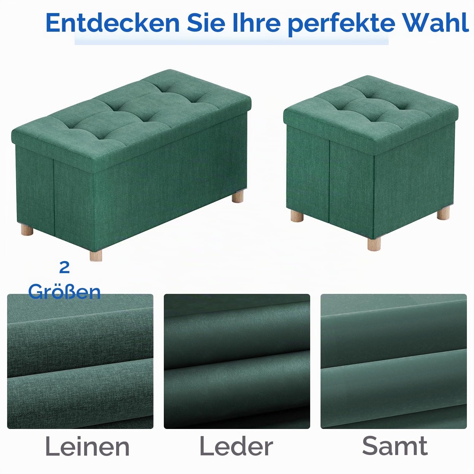 BRIAN & DANY Ottoman-Aufbewahrungsbox mit 4 Holzbeinen, Leinen-Aufbewahrungs-Ottoman für Wohnzimmer, Dunkelgrün, 76x38x38 cm