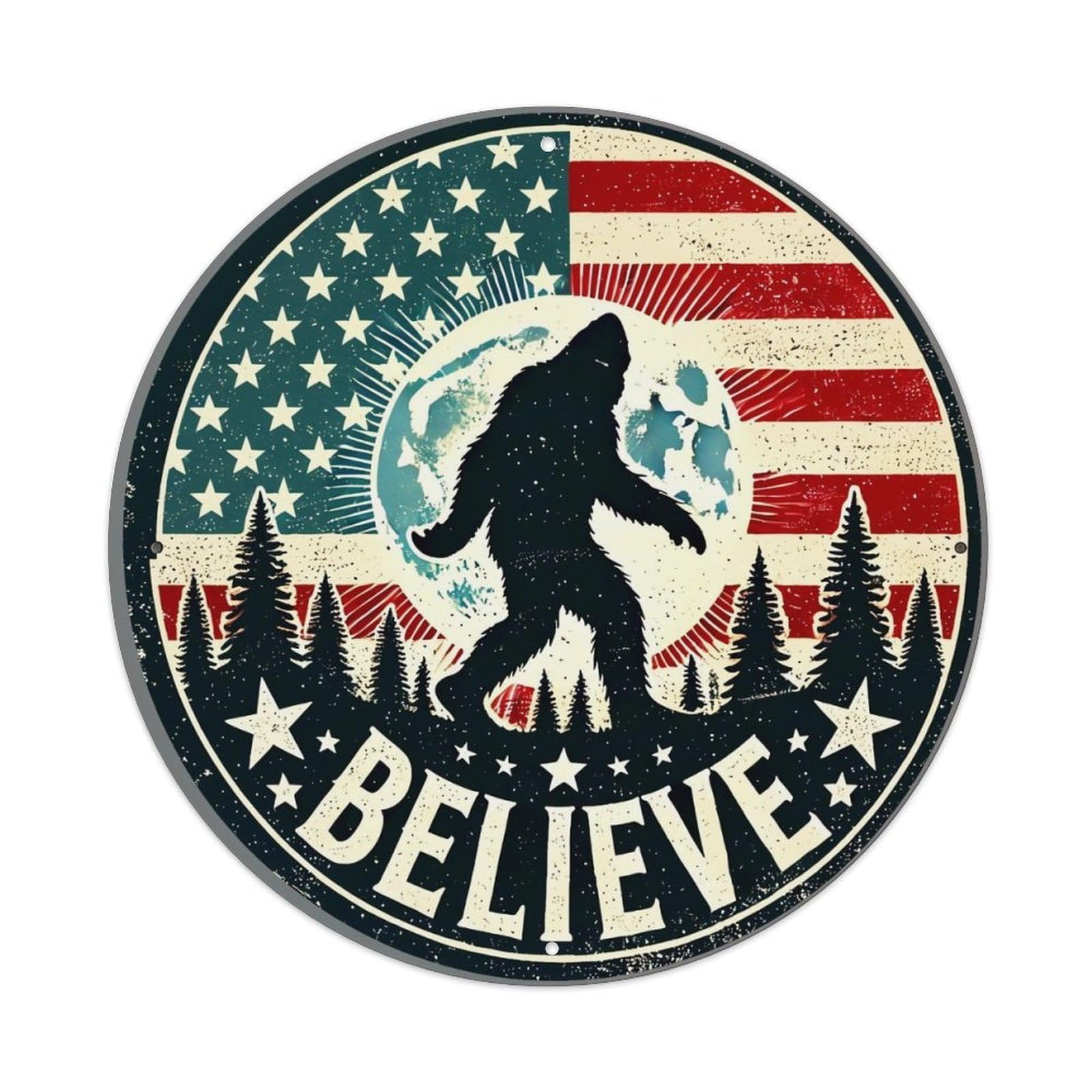 Bigfoot Silhouette American Flag Design Vintage Metal Tin Sign Retro Wall Decor for Home Bar Garage Cafe, Indoor & Outdoor Decorative，circle Metal Poster, 8x8 Inch