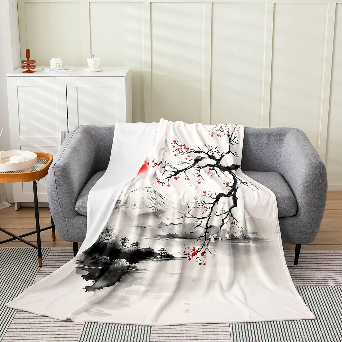 Lake Mountain Flowers Sun Fleece Blanket,Landscape Painting Flannel Blanket for Room Decor,N3Bedding Set for Kids,Super Soft Blanket,Throw 50"x60"