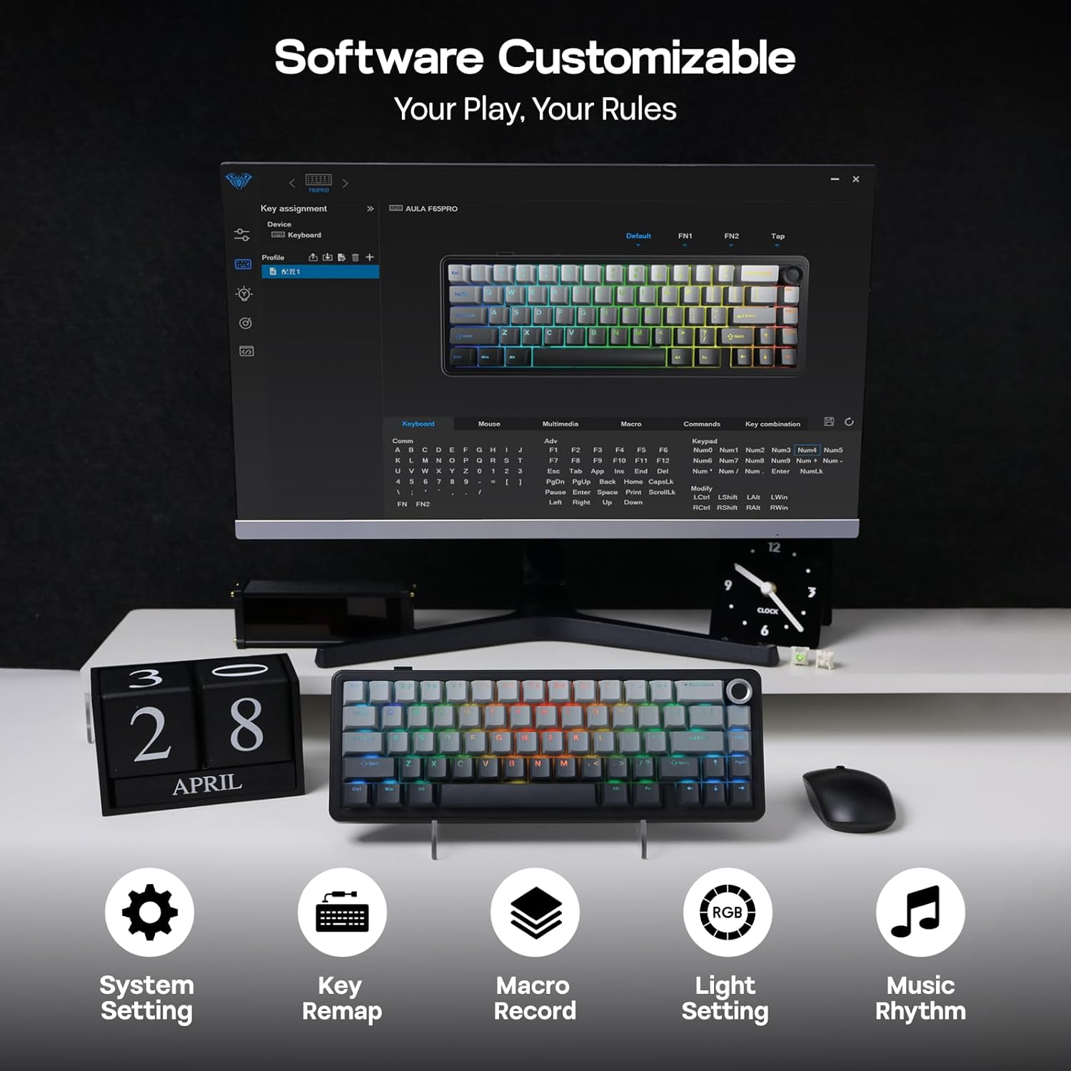 EPOMAKER X Aula F65 PRO Wireless Mechanical Gaming Keyboard, Hot-Swap, 5-Layer Padding, Creamy Gasket, Knob and Shine-Through PBT Keycap, RGB, BT/2.4GHz/USB-C (Gradient Grey, Graywood V3 Switch)