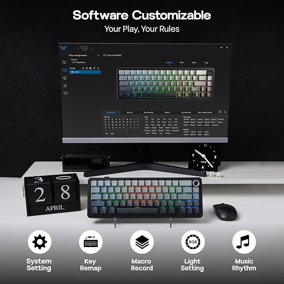 epomaker x auditorium f65 pro wireless mechanical gaming keyboard hot-swappable knob and shine-through pbt keycap rgb bluetooth/2.4ghz wireless qwerty us 65% layout (grey reaper switch)