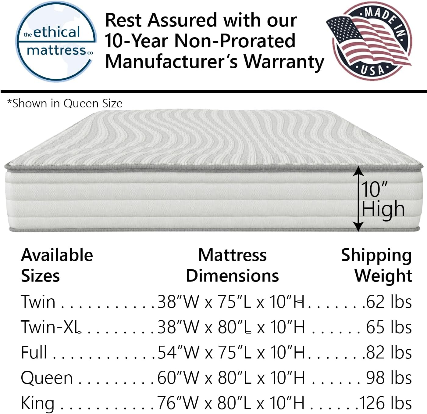 Ethical Mattress CO 10" Toxin-Free Hybrid Mattress, Made in The USA with Organic Cotton, Wool, Latex & Pocketed Coils (No Fiberglass or Polyfoams) Comfortable & Supportive Bed-in-Box - Queen Size