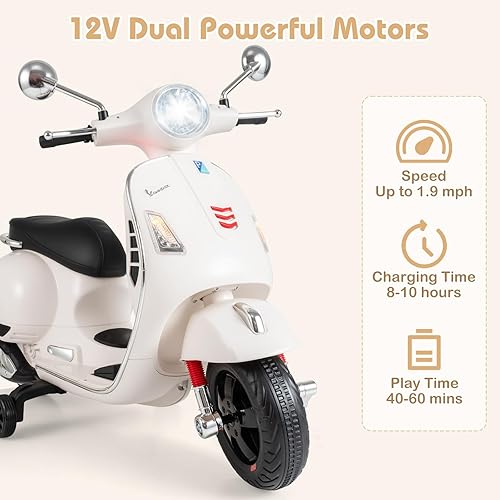 Miniatura 4 de OLAKIDS - Scooter Vespa con licencia para niños, motocicleta eléctrica de 12 V con ruedas de entrenamiento, luces LED, cuerno de modo historia