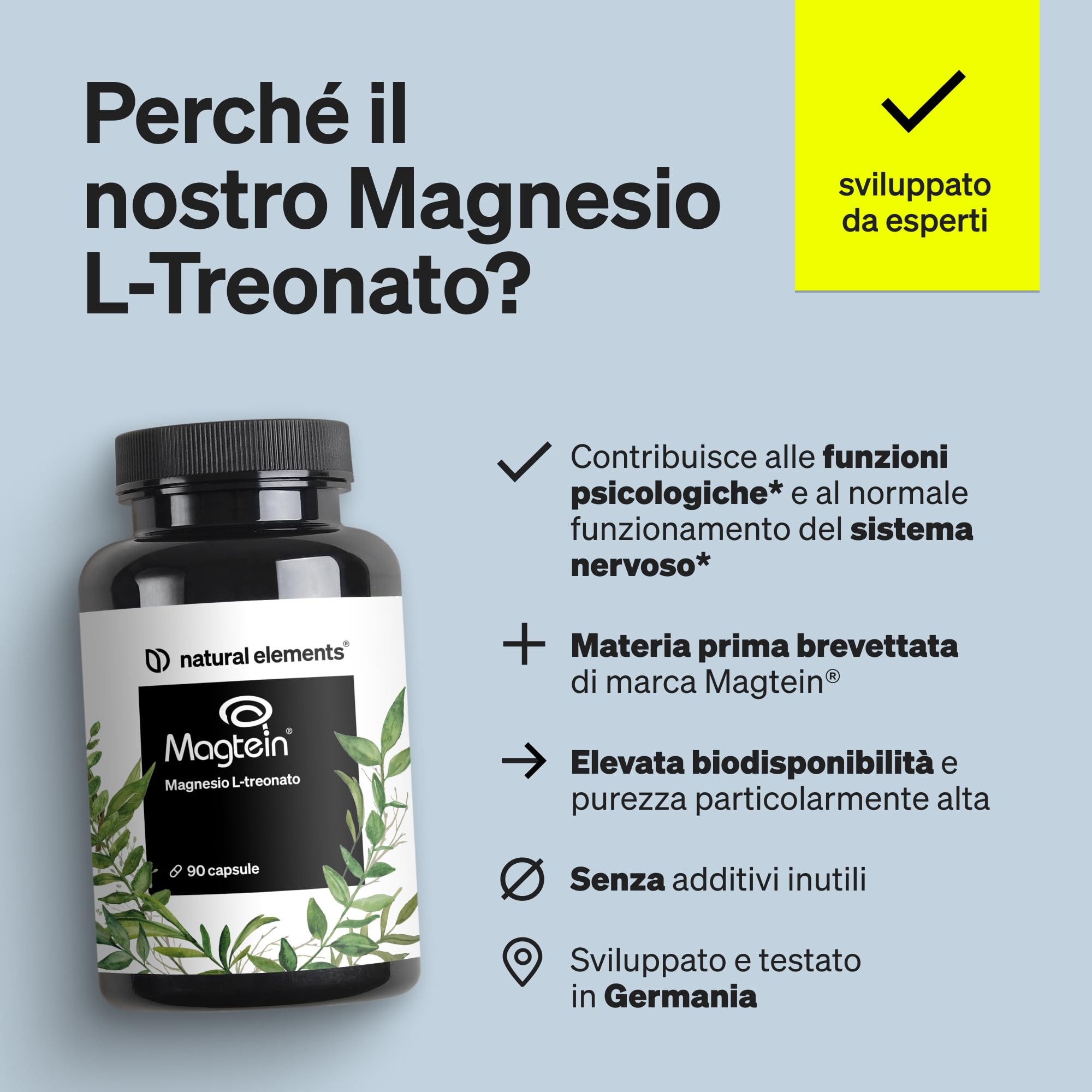 Magnesio L-Treonato (Magtein®) – 150 mg per dose giornaliera – 90 capsule per 30 giorni – per il tuo equilibrio di magnesio – vegano e ad alta biodisponibilità