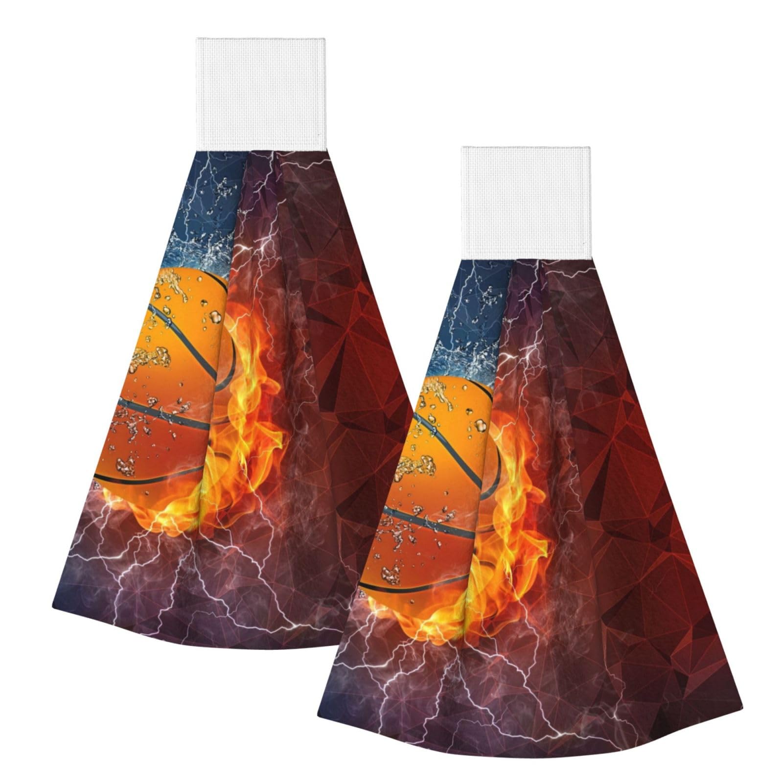 DOPKLNA Basketball Flames And Waterdrops, 2 Pcs Hanging Coral Fiber Hand Towels for Bathroom, Absorbent Kitchen Towels
