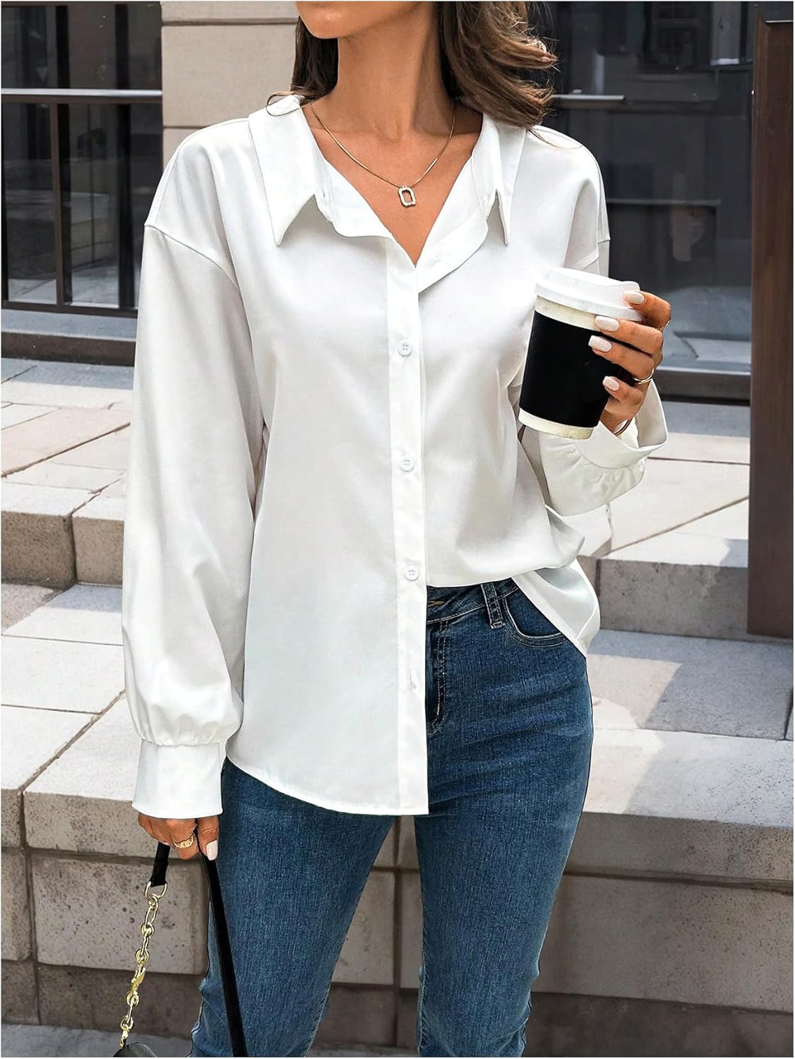 SweatyRocks Women's Cut Out Back Button Down Collared Blouses Long Sleeve Shirt Tops - Image 6